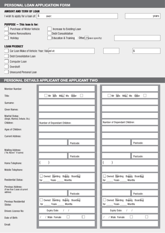 Personal Loan Application Form printable pdf download