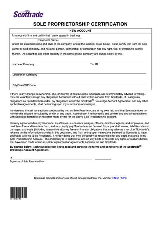 Fillable Sole Proprietorship Certification Form printable pdf download