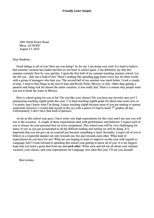 Friendly Letter Sample printable pdf download