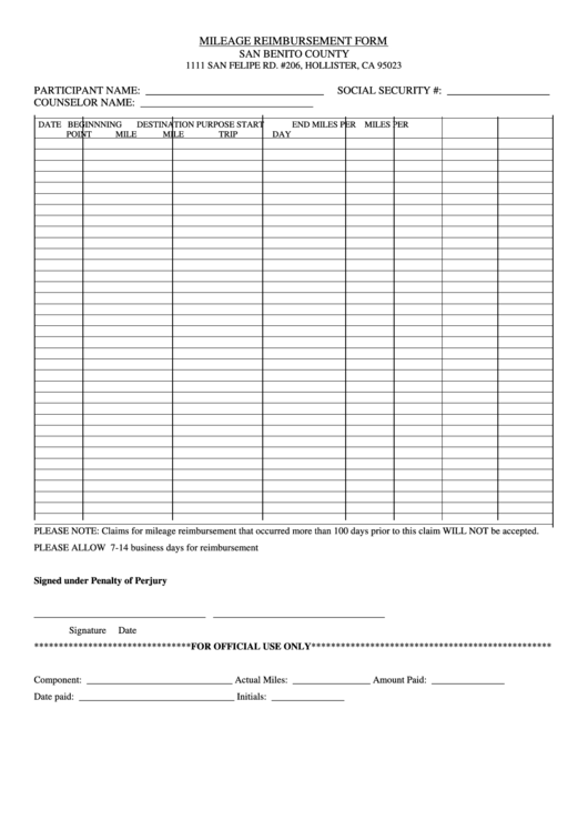 Mileage Reimbursement Form printable pdf download