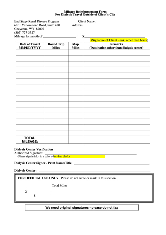 Mileage Reimbursement Form printable pdf download