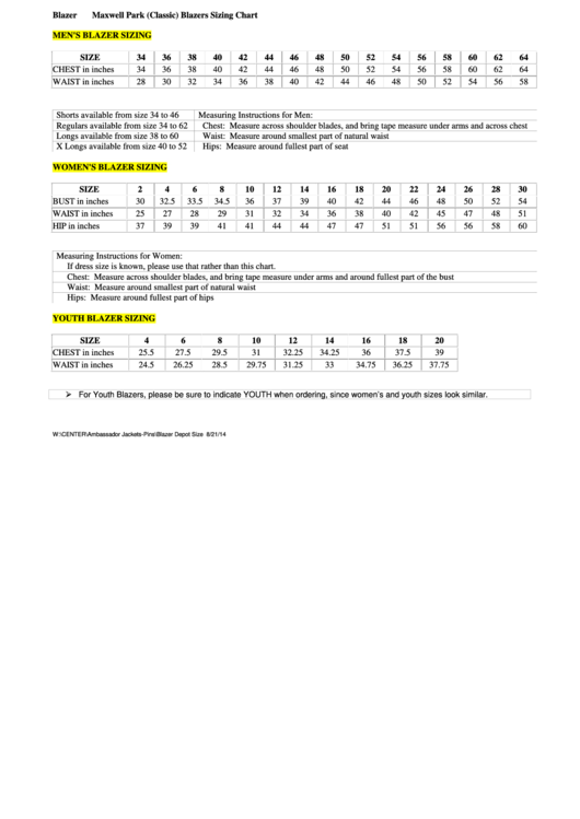 Top Blazer Size Charts free to download in PDF format
