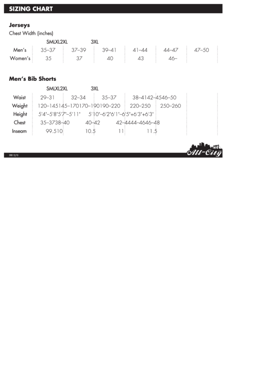 Cycling Clothes Size Chart printable pdf download