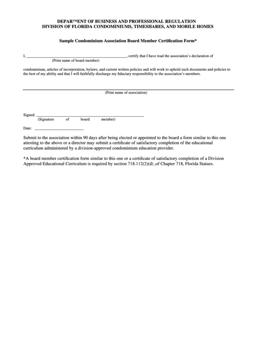 Sample Condominium Association Board Member Certification Form