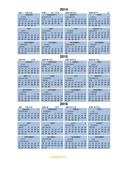 2014, 2015, 2016 Calendar Template printable pdf download