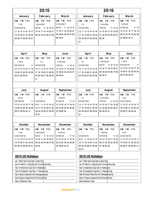 2015-2016 Calendar With Us Holidays printable pdf download