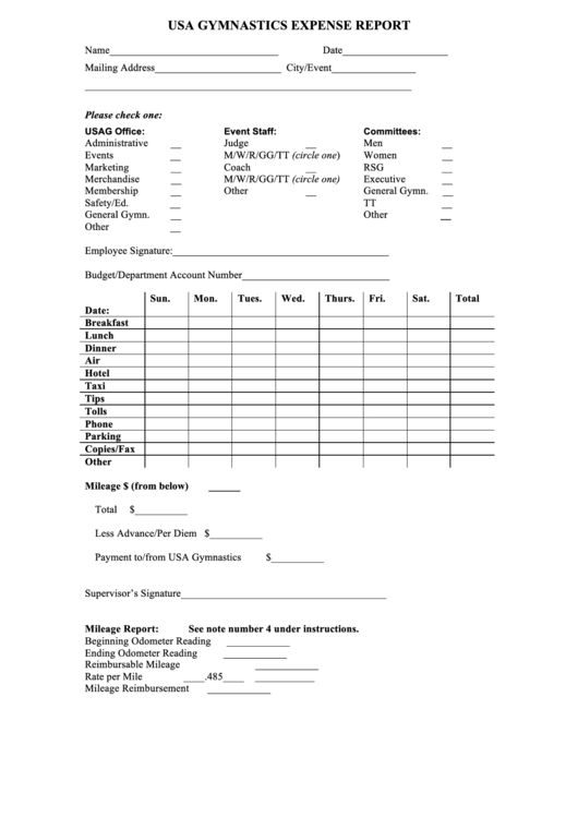 Expense Report Form Usa Gymnastics printable pdf download