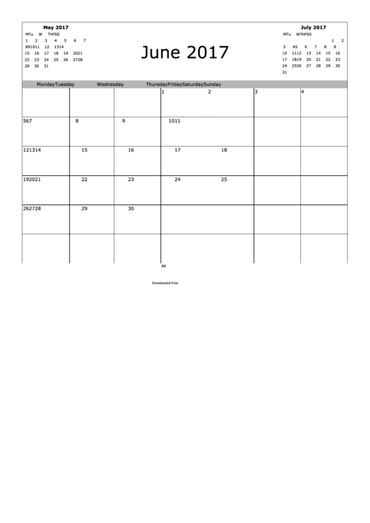 June 2017 Calendar Template printable pdf download