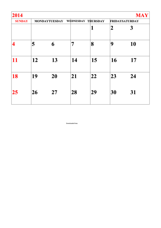 May Monthly Calendar Template 2014 printable pdf download