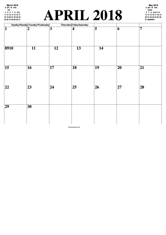 April 2018 Calendar Template printable pdf download