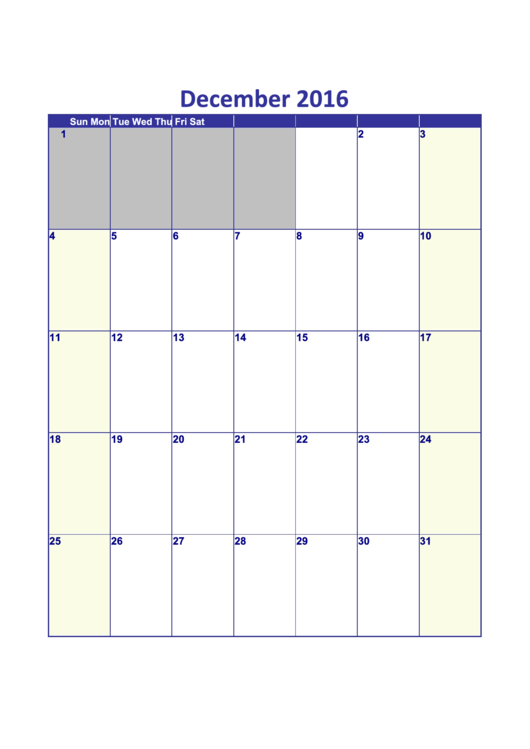 December 2016 Calendar Template - Vertical printable pdf download
