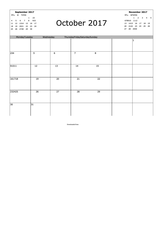 October 2017 Calendar Template printable pdf download