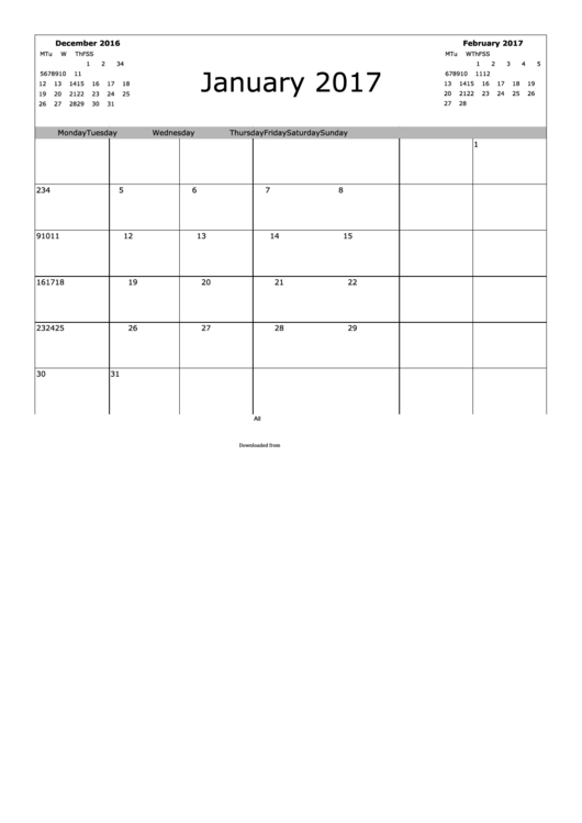 January 2017 Calendar Template printable pdf download