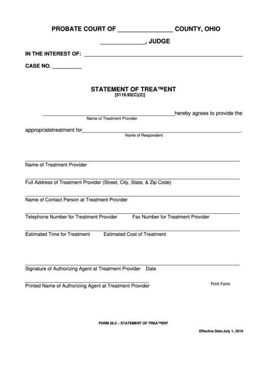 Fillable Ohio Probate Form Statement Of Treatment printable pdf download