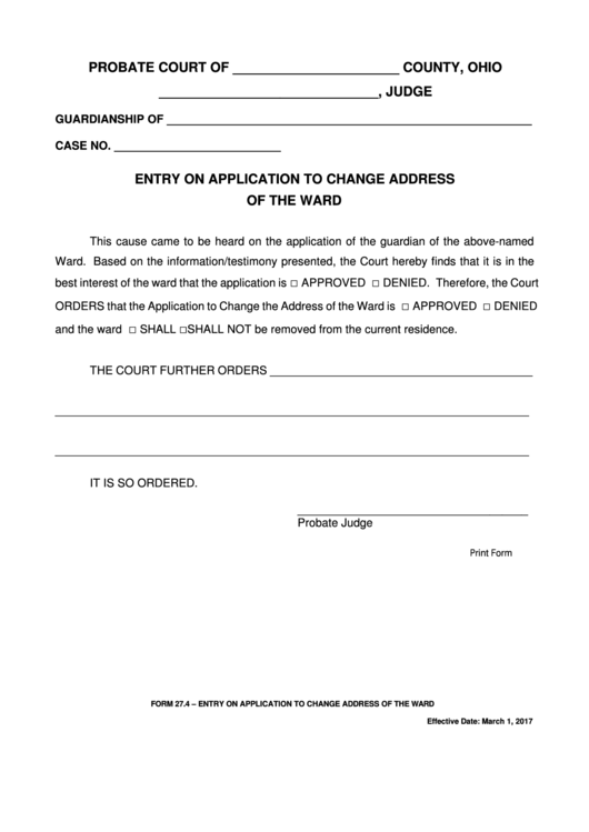 Fillable Ohio Probate Form Entry On Application To Change Address Of