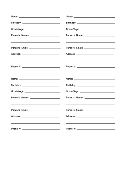 Child Information Page printable pdf download
