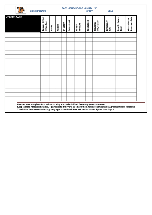 Eligibility List For Sports Team printable pdf download