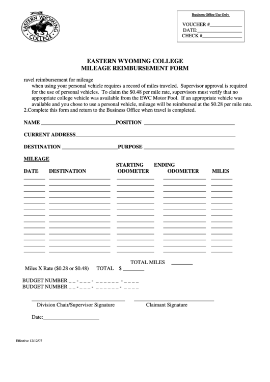 Mileage Reimbursement Form printable pdf download