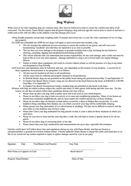 Dog Waiver Surfside Beach Rentals printable pdf download