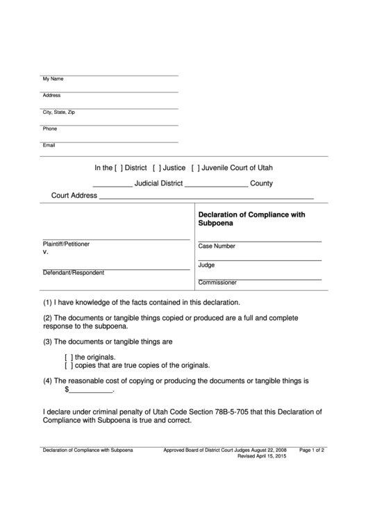 Declaration Of Compliance With Subpoena printable pdf download