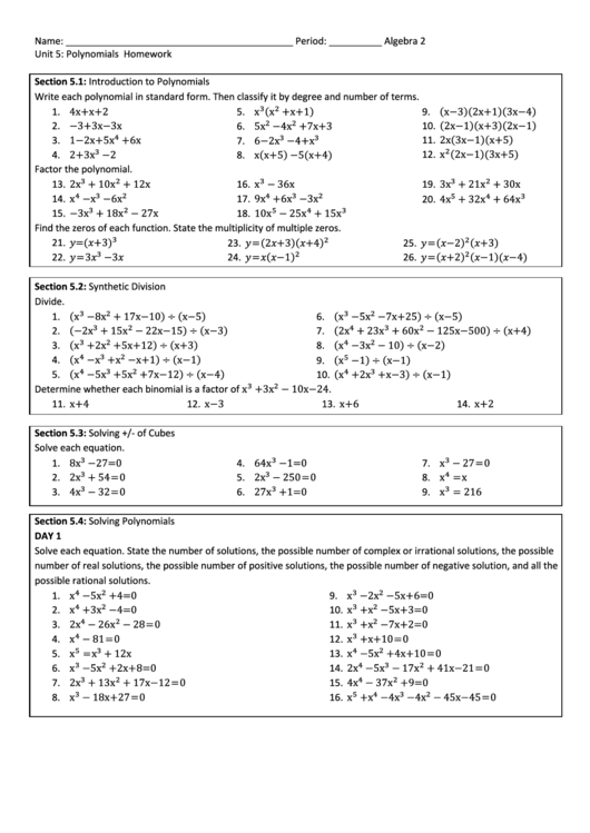 Polynomials Worksheet printable pdf download