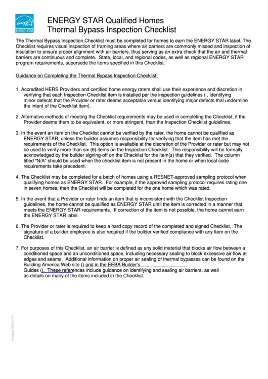 Fillable Energy Star Qualified Homes Thermal Bypass Inspection