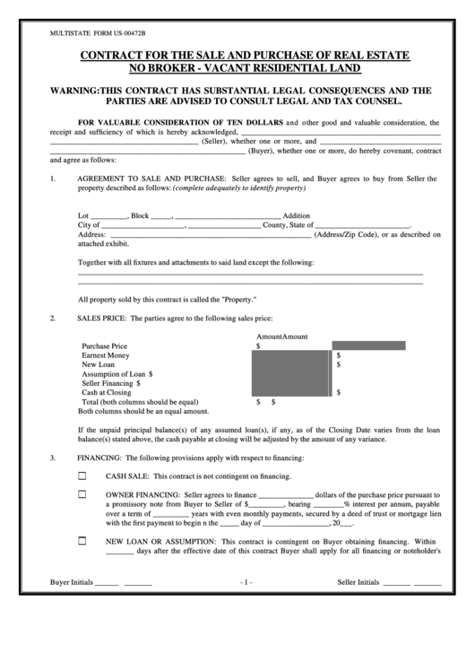 Fillable Form Us00472b Contract For The Sale And Purchase Of Real Estate No Broker Vacant