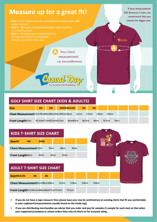 Casual Day Size Chart printable pdf download