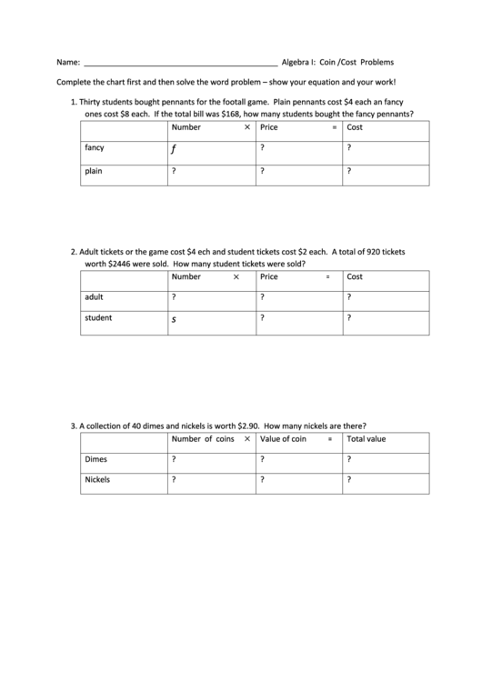 Algebra I Coin /cost Problems Algebra Practice Sheets printable pdf