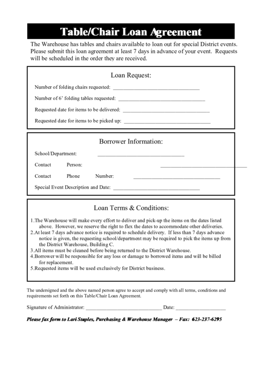 Table/chair Loan Agreement printable pdf download