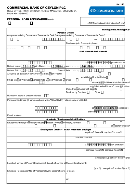 Commercial Bank Of Ceylon Personal Loan Application printable pdf download