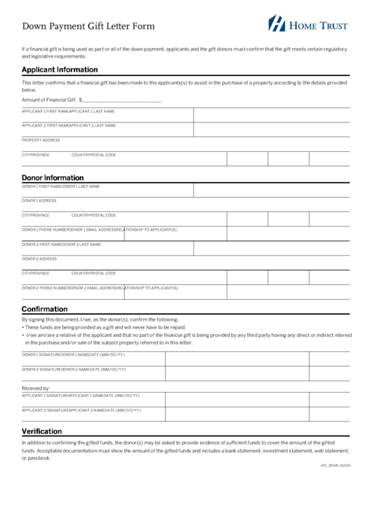 Fillable Down Payment Gift Letter Form Home Trust printable pdf download
