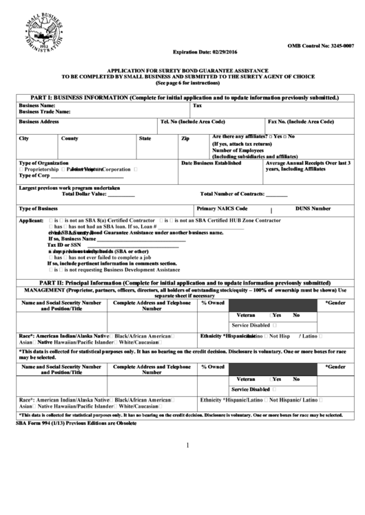 U.s. Small Business Administration Application For Surety Bond