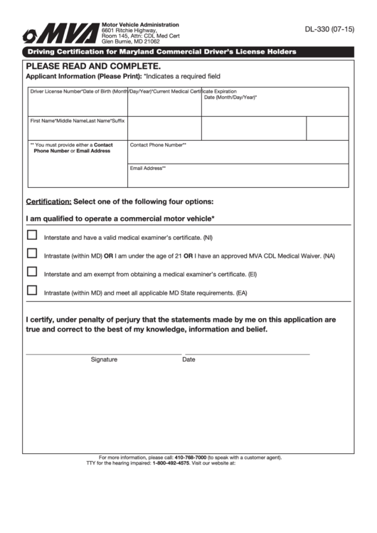 Fillable Driving Certification For Maryland Commercial Driver'S License