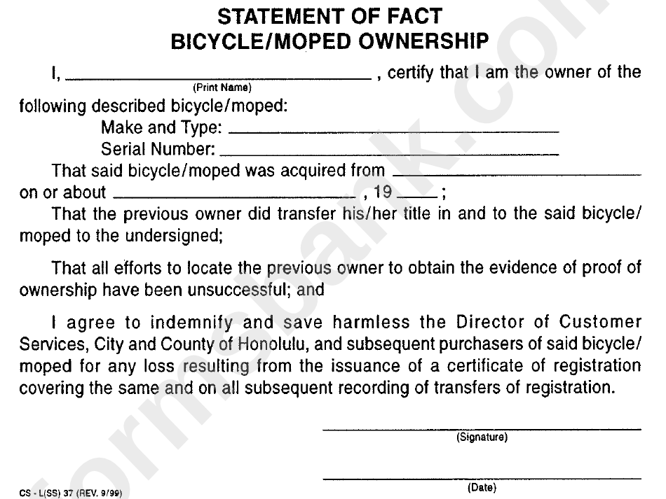 Fillable Statement Of Fact Bicycle Moped Ownership printable pdf download