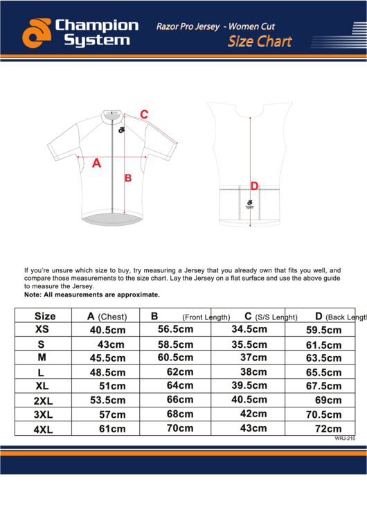 Champion System Razor Pro Jersey Women Cut Size Chart printable pdf