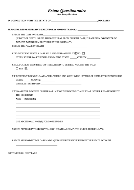 Fillable Estate Questionnaire New Jersey Decedent printable pdf download