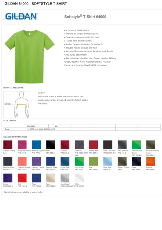 Gildan 64000 Softstyle T-Shirt Size Chart printable pdf download
