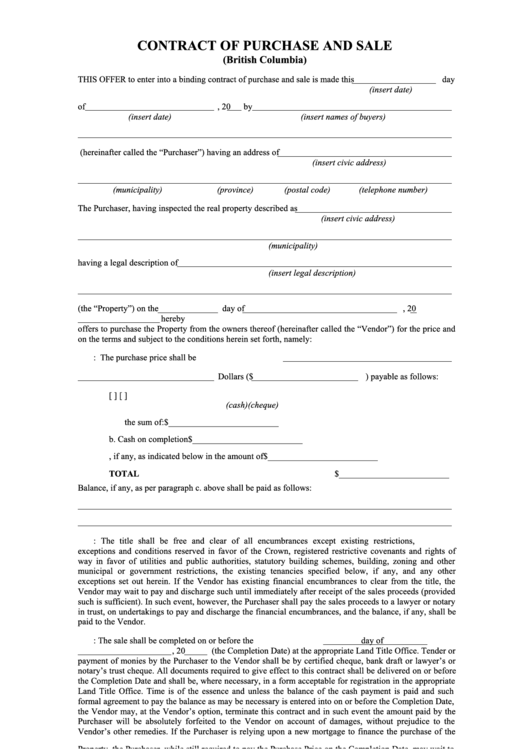 Contract Of Purchase And Sale (British Columbia) printable pdf download