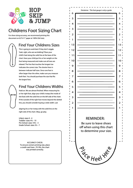 Hop Skip & Jump Childrens Foot Sizing Chart printable pdf download