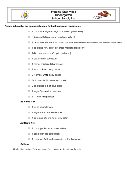Kindergarten School Supply List printable pdf download