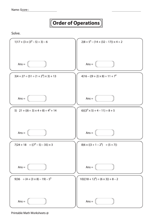 Order Of Operations Worksheet printable pdf download