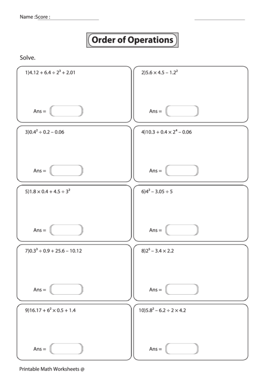 Order Of Operations Worksheet printable pdf download