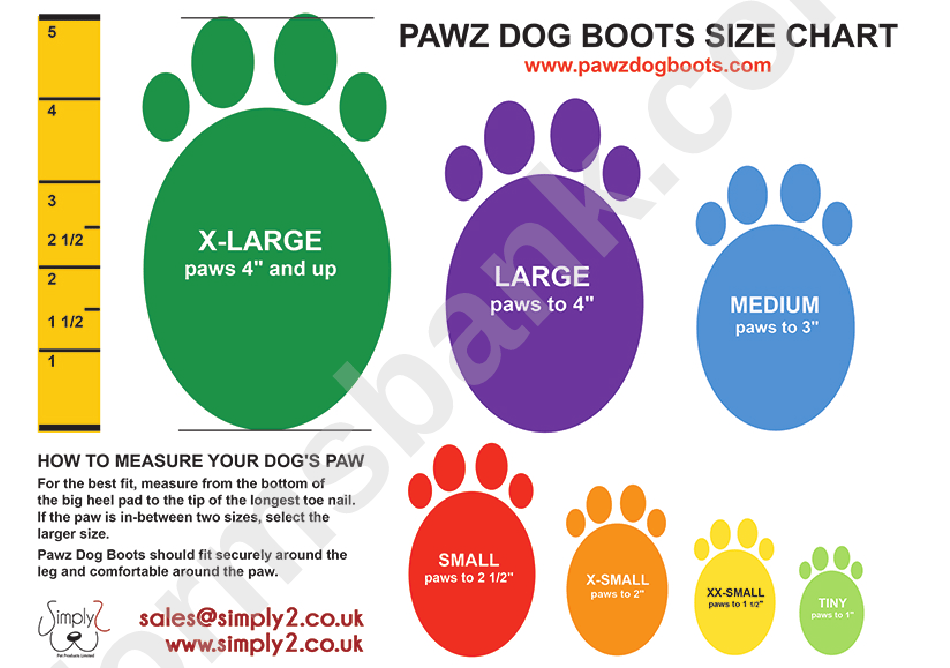 Pawz Dog Boots Size Chart printable pdf download
