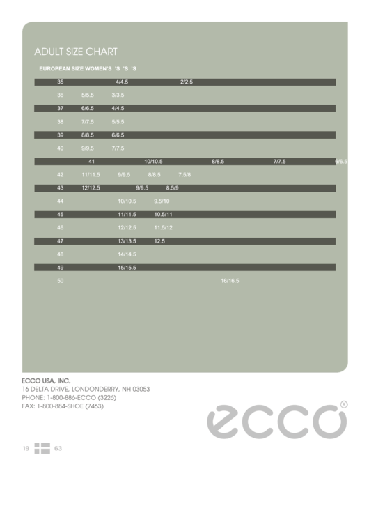 Ecco Adult Shoe Size Chart printable pdf download