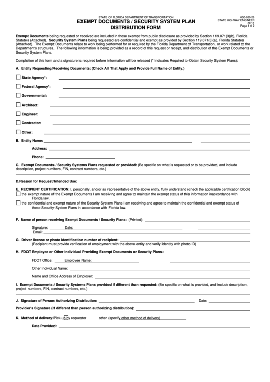 Exempt Documents / Security System Plan Distribution Form printable pdf