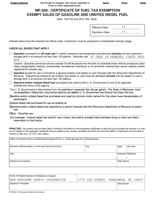 Fillable Mf209 Certificate Of Fuel Tax Exemption Exempt Sales Of