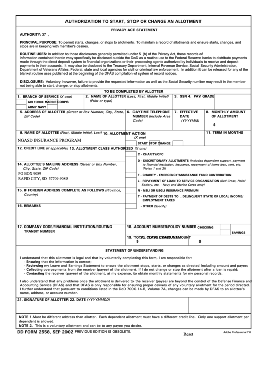 Fillable Dd Form 2558, Authorization To Start, Stop Or Change An