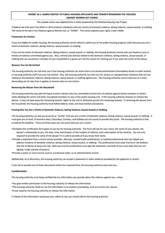 Sample Notice To Public Housing Applicants And Tenants Regarding The