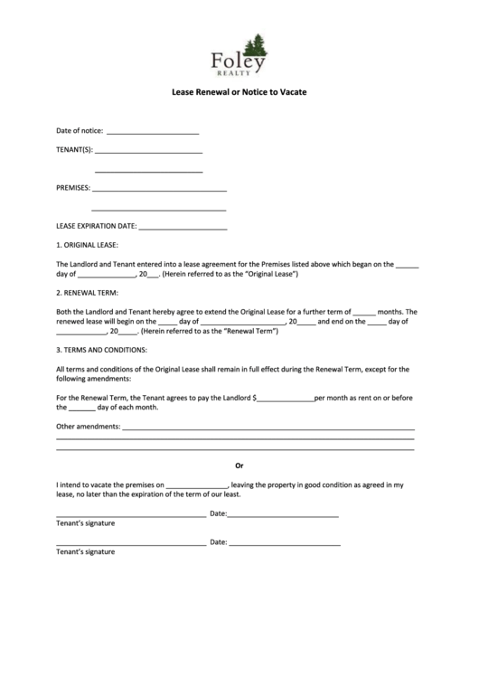 Lease Renewal Or Notice To Vacate printable pdf download
